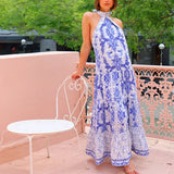 Temperament Print Hanging Neck Sleeveless Bare Back With Lotus Leaf-Side Dress Dress Dress