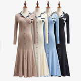 Knitted Ruffles Long Dress Women Solid Full Sleeve V Neck Slim Fit High Waist Sweaters A Line Dresses Autumn Winter-Outfit