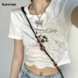 Korean Fashion Irregular Crop Top Grunge Fairycore Print T-shirts Japanese Kawaii Chic Designer Clothes E-girls Y2k