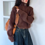 Sense Half-High Collar Zipper Red Knitted Shirt Women's Short Autumn And Winter New High-Waist Sweater Loose Thick