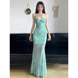 Mint Green Print Mesh Seaside Holiday Dress Cold Hot Girl Inside The Slings Fishtail