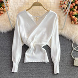 Women Design Knitted Pullovers Fashion Batwing Sleeve V Neck Elastic Slim Tops Autumn Korean Streetwear Knit