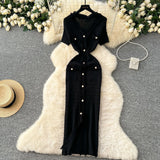 Little Scent Retro V-Neck Metal Single-D Row Buckle Slimming Temperament Knitted Dress