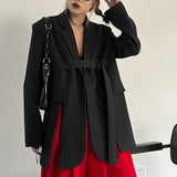 Women Gray Ribbon Slit Big Size Blazer New Lapel Long Sleeve Loose Fit Jacket Fashion Tide Spring Autumn 2023
