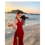 High-End Red V-Neck Hanging Neck Sling Dress Women Feel Forked And Hip Dress Seaside Holiday