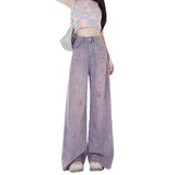 Purple High-Waisted Broad-Legged Jeans Women's New Broken Hole Hair Fall Trousers In Summer