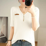 Toloer 2024 New Short Knit Women's Fashion Slim Short-Sleeve T-Shirt Thin Medium Sleeve Top-Outfit