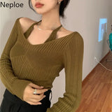 Women Cropped Sweater Korean V Neck Y2K Tops Pullover Halter Off Shoulder Sweaters Long Sleeve Fake Two Piece