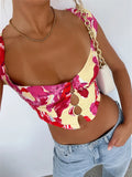 Floral Print Low Cut V-neck T-shirts Exposed Navel Tops Summer Retro Women Short Sleeve Slim Fit Front Button Up Tees-Outfit