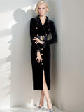 Retro Long-Sleeved Gold Velvet Dress Women's High-End Light Extravagant Suit Collar Waist Metal Button Medium Dress-Outfit