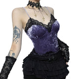 Summer's New Sexy Spicy Girls' Spliced Blouse Women's Dark Velvet Lace Lace Halter Top-Outfit