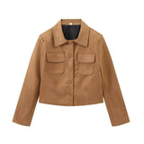 New INS Style Retro Style Simple Collar Pocket Deer-Skin