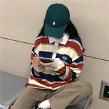Polo Collar Stiped Oversized Long Sleeve Tee-Outfit