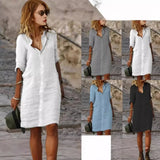 Ms.'S New Solid-Color Casual Casual Collar Single-D Row Buckle Sleeve Cotton Shirt Mid-Long Dress
