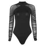 Toloer High Round Collar Mesh Stitching Long Sleeve Slim Solid Color Joined Female Support Board