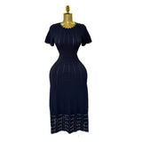 New Elegant Round Neck Nails Hollow Slimming Temperament Short-Sleeved Knitted Dress