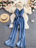Women Summer Denim Strap Long Pants Jumpsuits Loose Sexy Beach Cami Overalls Boho Sleeveless Solid Chiffon Wide Leg