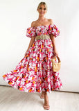 Summer New Bubble Sleeve Holiday Show Skinny Dress Babes High-Waisted Shoulder-Print Dress Dress