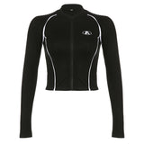 Line Patchwork Zip Up Slim Long Sleeve Tee-Outfit