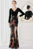 Winter Elegant Velvet With Sequins Deep V Neck Long Sleeve Slit Cocktail Eevening