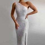 Women's Winter 2025 Pink Open Fork Dress Single Shoulder Squined