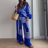 Toloer Spot Autumn New Women's Fashion Print Striped Shirt Pleated Straight Wide Leg Pants Suit-Outfit