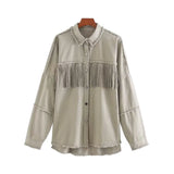 Stylish Fringe Beaded Loose Denim Jacket Coat Women Fashion Long Sleeve Frayed Trim Ladies Outerwear Chaqueta