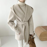 Chic Autumn French Temperament Hooded Pocket Design Strap Closed Waist Show Thin Pure Color Lapel Fur Coat-Outfit