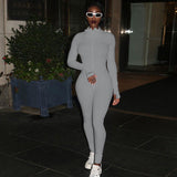 Zipper Stretch Turtleneck Embroidered Street Hipster Slim Fit Fitness Jumpsuit Yoga