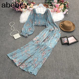 New Summer Fashion All-match Square collar puff sleeve Shirt+high waist wide leg Pant two piece