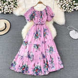 Summer Women Floral Chiffon Dress Vacation Beach Vestidos Female Elegant Slash Neck High Waist A-Line Midi Robe Bohemian