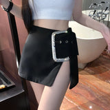 Mini Skirts Women Split Rhinestone Belt High Waist Black Slim Wrap Hip Sexy Skirt Female Streetwear Summer New 2024-Outfit
