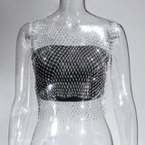 Toloer Nightclub Dresses Fishnet Hollow Out Rhinestone Vest Mesh Flash Diamond Sling Top