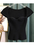 new spring sqaure collar sleeveless knitting pullover slim short high waist top female tank