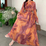 Retro Elegant Dress Women's Summer New Sweet Wooden Ear Splicing Long Sleeves Waist-Print