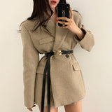 Autumn Winter Women Short Coat with Belt Long Sleeve Thick Turn-down Collar Double Breasted Minimalist Korean Ladies