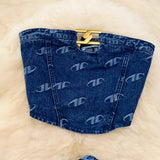 Suit Female Retro Temperament Breast-Wearing Cowboy Vest Two Sets Of Leisure High-Rise Thin Straight