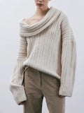 Toloer 2024 New Fashion Trend Irregular One Word Collar Design Sense Loose Casual Sweater Long Sleeved Sweater-Outfit