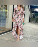 Autumn New Wish Sexy V-Tie Single-Breasted Floral Beach Dress-Outfit