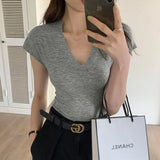 Version Of Ins Grey Slim V-Collar Short-Sleeved T-Shirt Women's Spring And Summer New Casual Fashion Blouse-Outfit