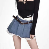 Patchwork No Belt Denim Skirts Y2K Summer High Waist Streetwear Irregular Mini Skirts Female Korean Tassels Jean Skirts-Outfit