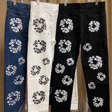 Autumn New High Street Flower Printed Jeans For Men And Women With High Waist And Thin Casual Trousers-Outfit