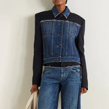 Toloer 2024 New Fashion Retro Jacket Jacket Design Sense Color Splicing Long Sleeve Short Denim Jacket Girl-Outfit