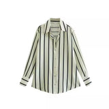 Toloer New Fashion Temperament Lapel Multi-Color Stripe Silk Satin Texture Long Sleeve Loose Shirt Female-Outfit
