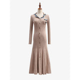 Knitted Ruffles Long Dress Women Solid Full Sleeve V Neck Slim Fit High Waist Sweaters A Line Dresses Autumn Winter-Outfit