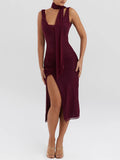 Burgundy Sleeveless Mesh Slit Drape Midi Dress-Outfit