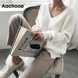 Womens Sweaters 2021 Autumn Winter Casual V Neck Women Pullover Sweater Solid Long Sleeve Loose Knitted Cashmere