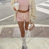 Women's Kawaii Y2K Summer Casual Shorts Ruffled Floral Lace Elastic Waist Short Pants for Beach Nightclub Streetwear-Outfit