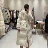 Fashion Waist Hooded Long Down Jacket Female 2024 Winter New Show Thin Three Plate Buckle Warm Coat-Outfit