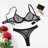 Black Mesh Polka Dot Lingerie Set-Outfit